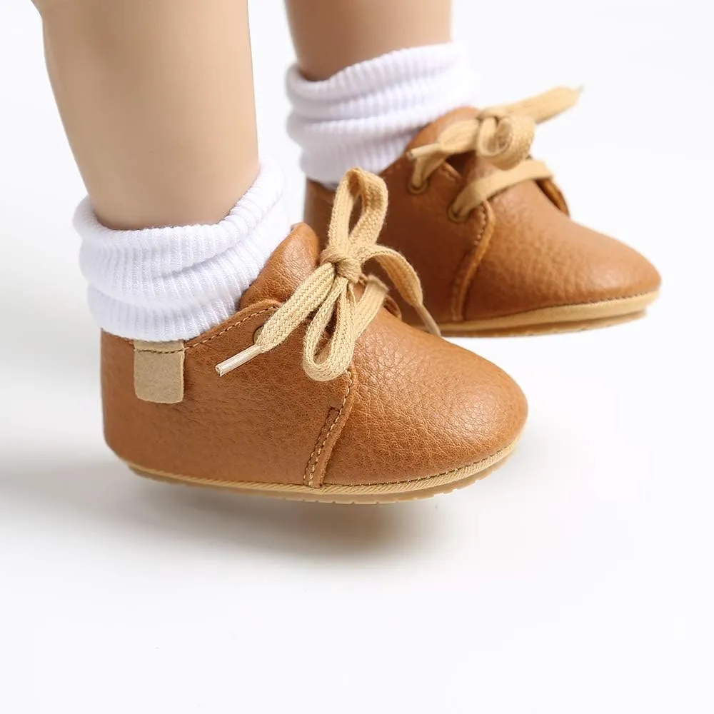 SOFMUO Baby Boys Girls Lace Up Leather Sneakers Soft Rubber Sole Infant Moccasins Newborn Oxford Loafers Anti-Slip Toddler Wedding Uniform Dress Shoes