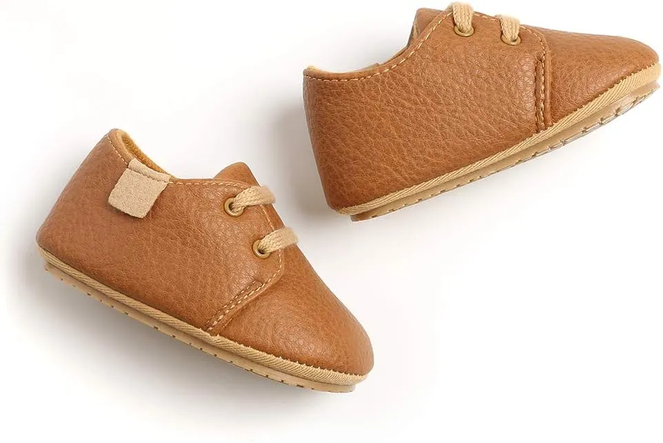 SOFMUO Baby Boys Girls Lace Up Leather Sneakers Soft Rubber Sole Infant Moccasins Newborn Oxford Loafers Anti-Slip Toddler Wedding Uniform Dress Shoes
