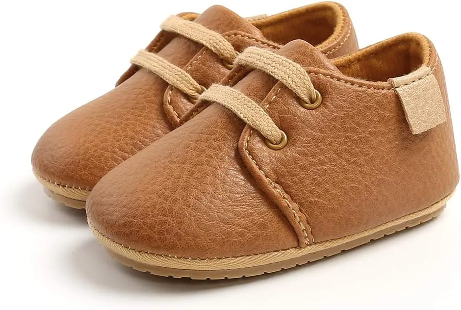 SOFMUO Baby Boys Girls Lace Up Leather Sneakers Soft Rubber Sole Infant Moccasins Newborn Oxford Loafers Anti-Slip Toddler Wedding Uniform Dress Shoes