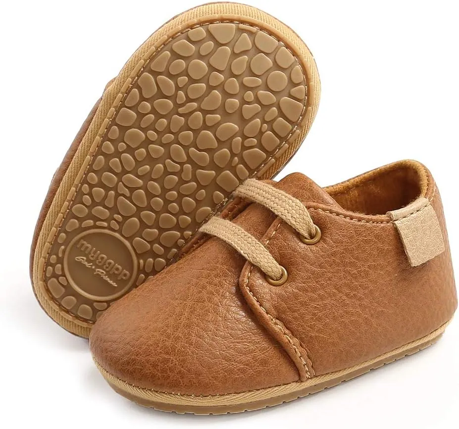SOFMUO Baby Boys Girls Lace Up Leather Sneakers Soft Rubber Sole Infant Moccasins Newborn Oxford Loafers Anti-Slip Toddler Wedding Uniform Dress Shoes