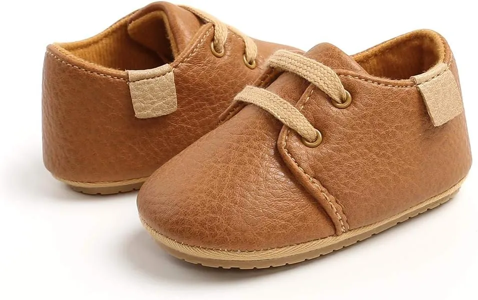 SOFMUO Baby Boys Girls Lace Up Leather Sneakers Soft Rubber Sole Infant Moccasins Newborn Oxford Loafers Anti-Slip Toddler Wedding Uniform Dress Shoes