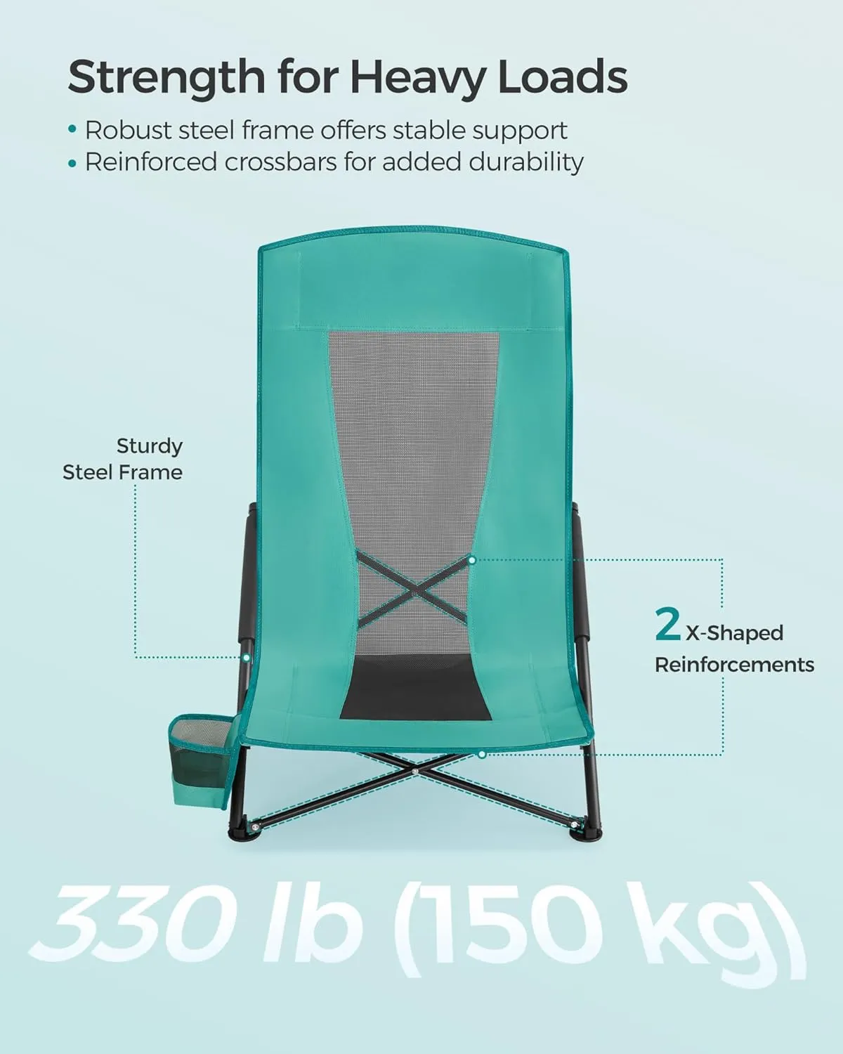SONGMICS Set of 2 Portable Beach Chairs for Adults, Max. Load 330 lb Each, High Backrest, Cup Holder, Lightweight, Heavy-Duty, Green UGCB067C01V1
