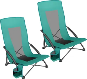 SONGMICS Set of 2 Portable Beach Chairs for Adults, Max. Load 330 lb Each, High Backrest, Cup Holder, Lightweight, Heavy-Duty, Green UGCB067C01V1