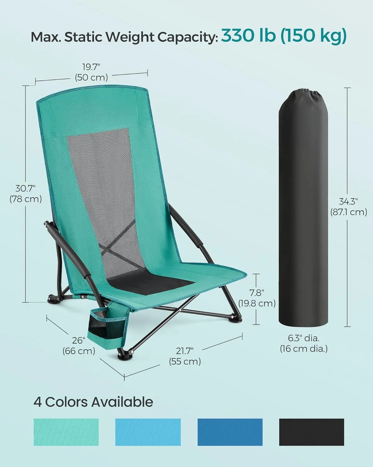 SONGMICS Set of 2 Portable Beach Chairs for Adults, Max. Load 330 lb Each, High Backrest, Cup Holder, Lightweight, Heavy-Duty, Green UGCB067C01V1