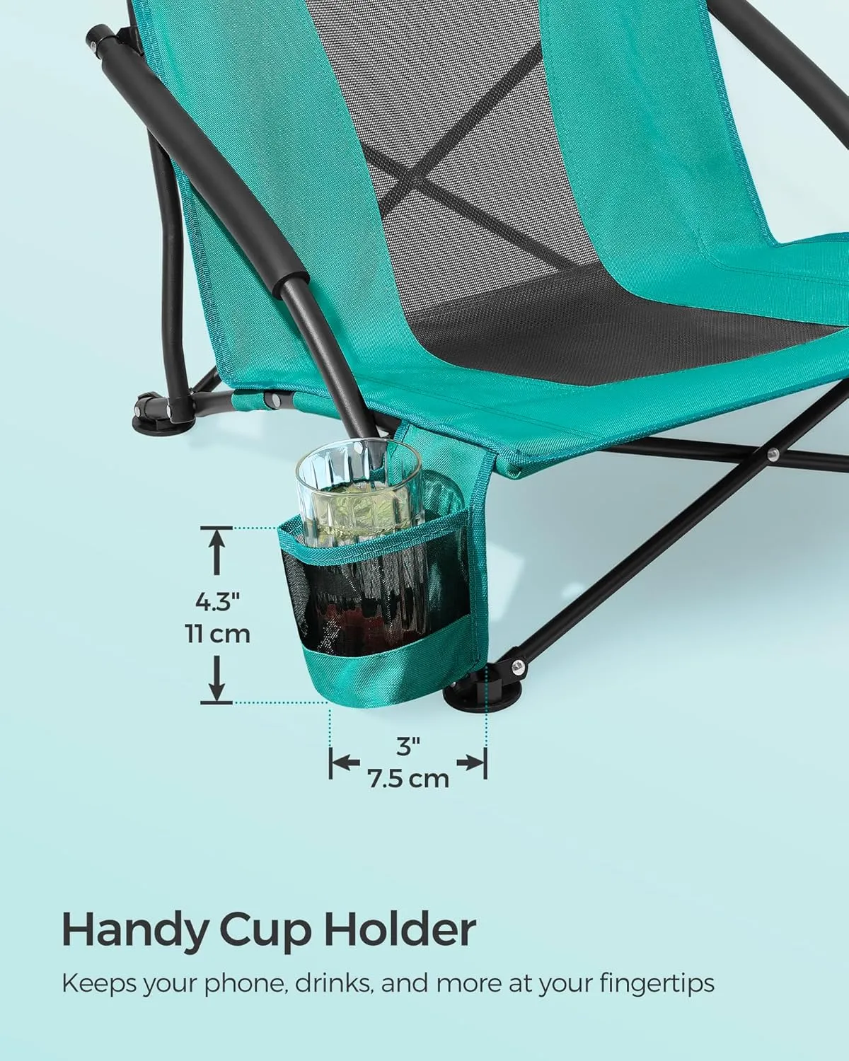 SONGMICS Set of 2 Portable Beach Chairs for Adults, Max. Load 330 lb Each, High Backrest, Cup Holder, Lightweight, Heavy-Duty, Green UGCB067C01V1