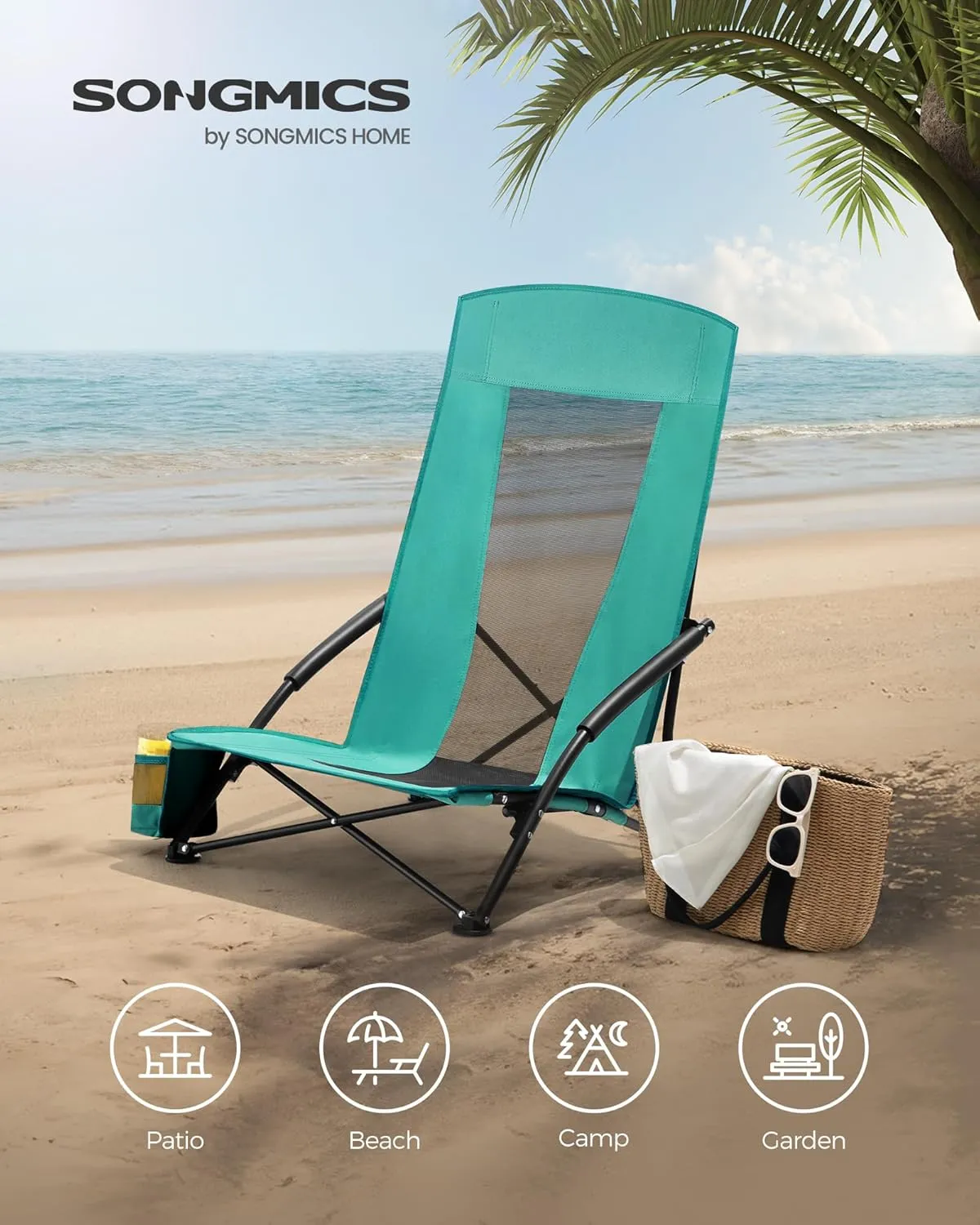 SONGMICS Set of 2 Portable Beach Chairs for Adults, Max. Load 330 lb Each, High Backrest, Cup Holder, Lightweight, Heavy-Duty, Green UGCB067C01V1