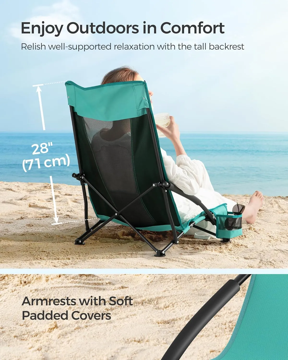SONGMICS Set of 2 Portable Beach Chairs for Adults, Max. Load 330 lb Each, High Backrest, Cup Holder, Lightweight, Heavy-Duty, Green UGCB067C01V1