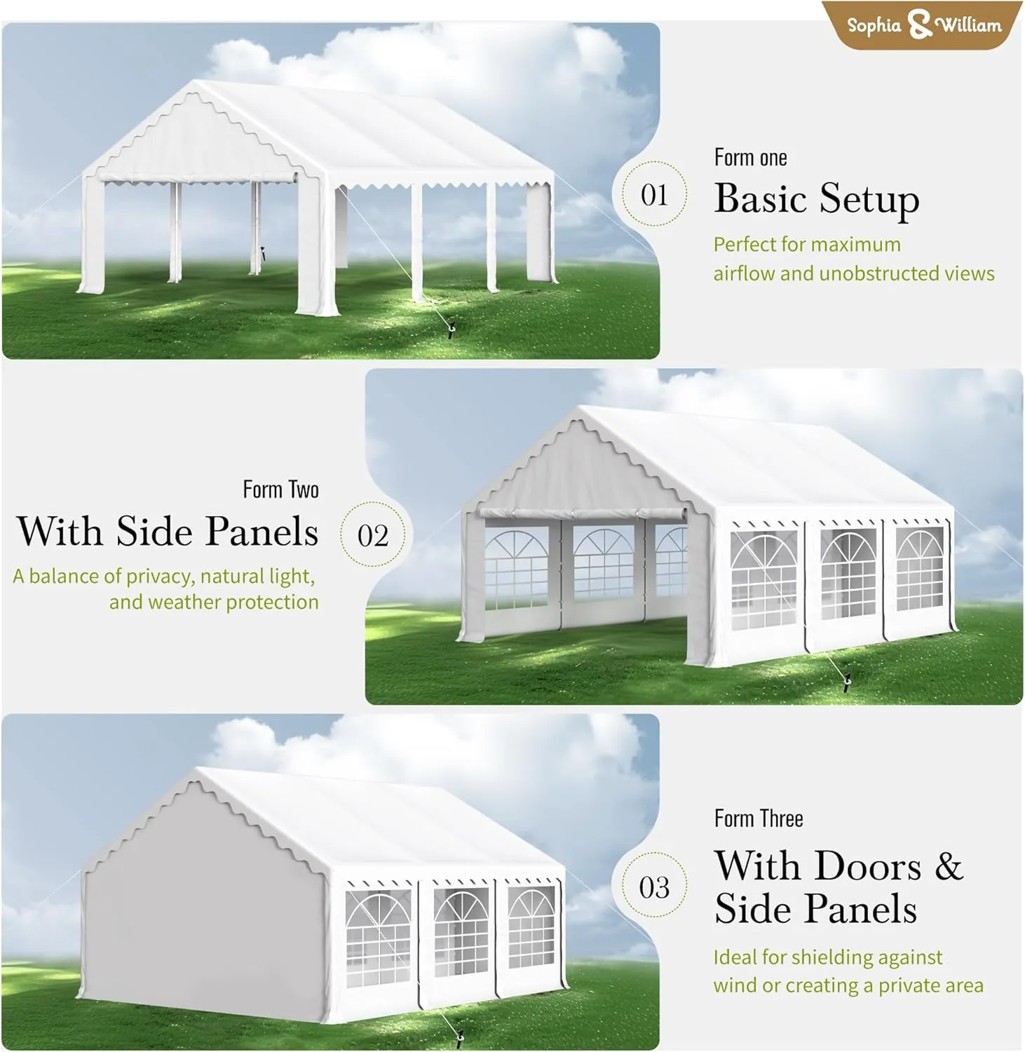 Sophia & William Tents for Parties Party Tent 16x20 ft, Outdoor Canopy Carpas para Fiestas Heavy Duty, Large Waterproof Patio Event Wedding Tent White with Sidewalls Walls for Backyard