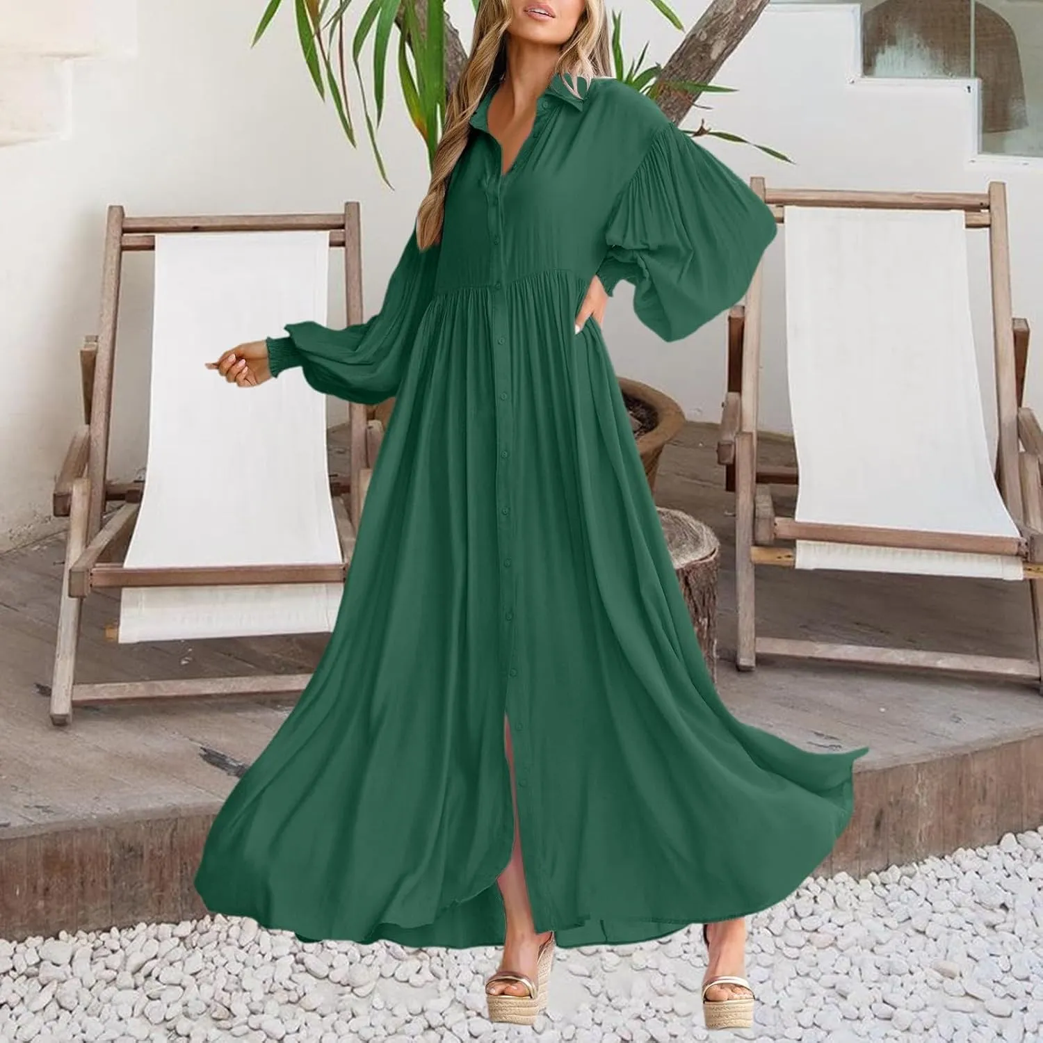 Spring Midi Dresses for Women 2025 Lantern Long Sleeve Pleated Swing Dress Casual Boho Beach Long Shirt Sundresses