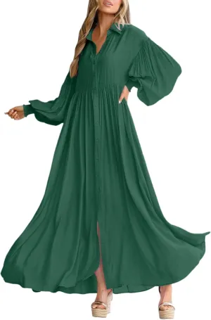 Spring Midi Dresses for Women 2025 Lantern Long Sleeve Pleated Swing Dress Casual Boho Beach Long Shirt Sundresses