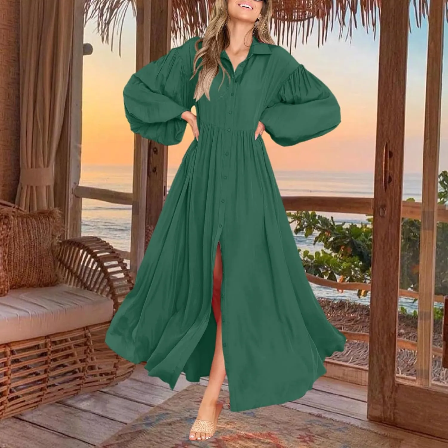 Spring Midi Dresses for Women 2025 Lantern Long Sleeve Pleated Swing Dress Casual Boho Beach Long Shirt Sundresses