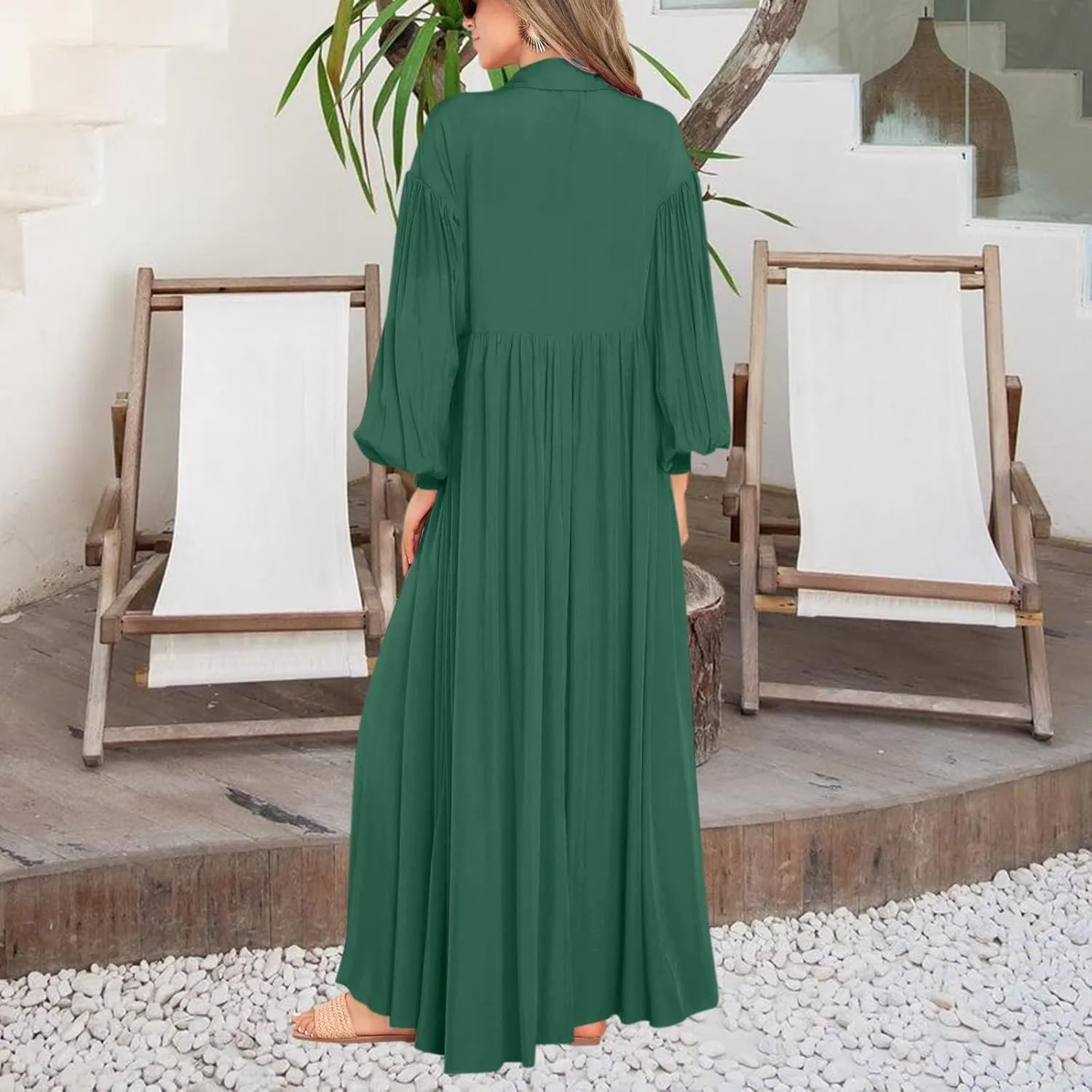 Spring Midi Dresses for Women 2025 Lantern Long Sleeve Pleated Swing Dress Casual Boho Beach Long Shirt Sundresses