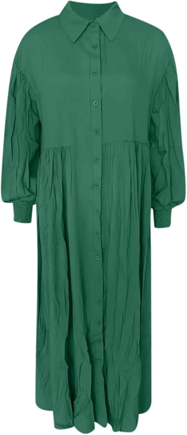 Spring Midi Dresses for Women 2025 Lantern Long Sleeve Pleated Swing Dress Casual Boho Beach Long Shirt Sundresses