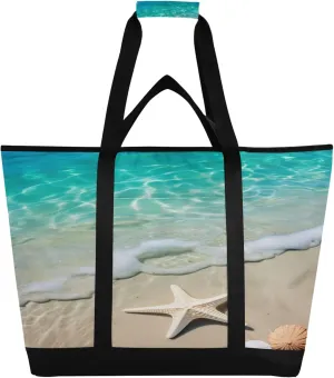 Starfish Shell Beach Reusable Insulated Cooler Bag with Ice Pack Compartment - Large 47L Waterproof Thermal Grocery Tote for Picnic Beach Camping Lunch Storage