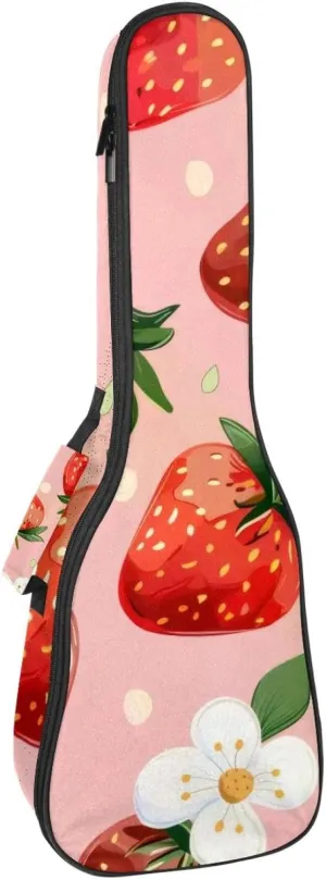 Strawberries and Cute Flower Pink Background Ukulele Case, Padded Bag for 23 Inch Concert Ukulele, Waterproof & Durable