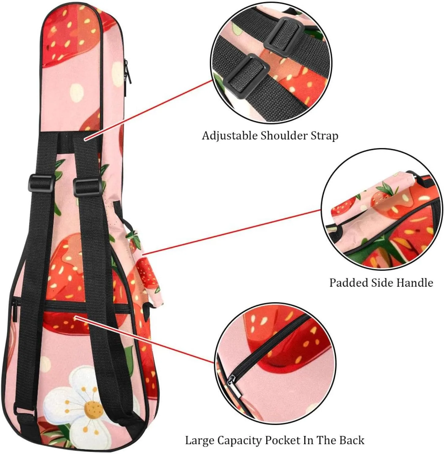 Strawberries and Cute Flower Pink Background Ukulele Case, Padded Bag for 23 Inch Concert Ukulele, Waterproof & Durable