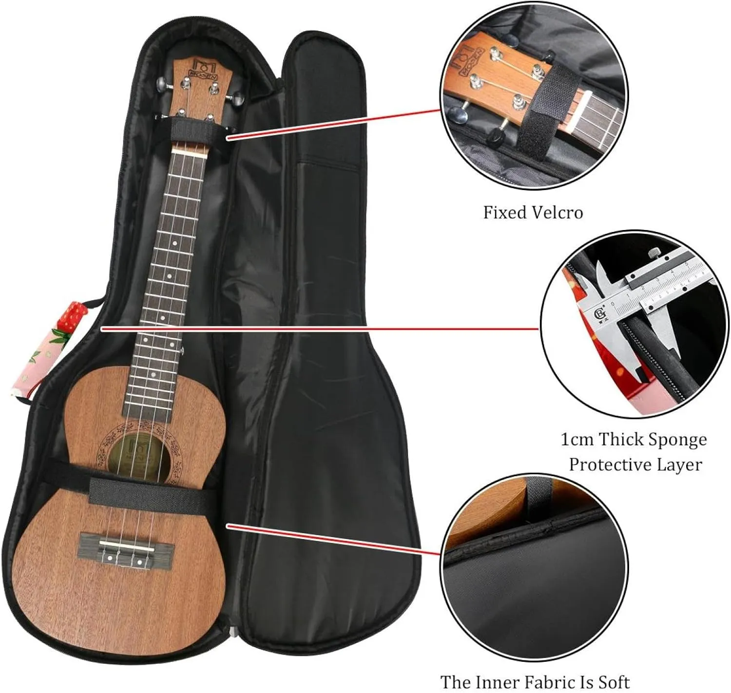 Strawberries and Cute Flower Pink Background Ukulele Case, Padded Bag for 23 Inch Concert Ukulele, Waterproof & Durable