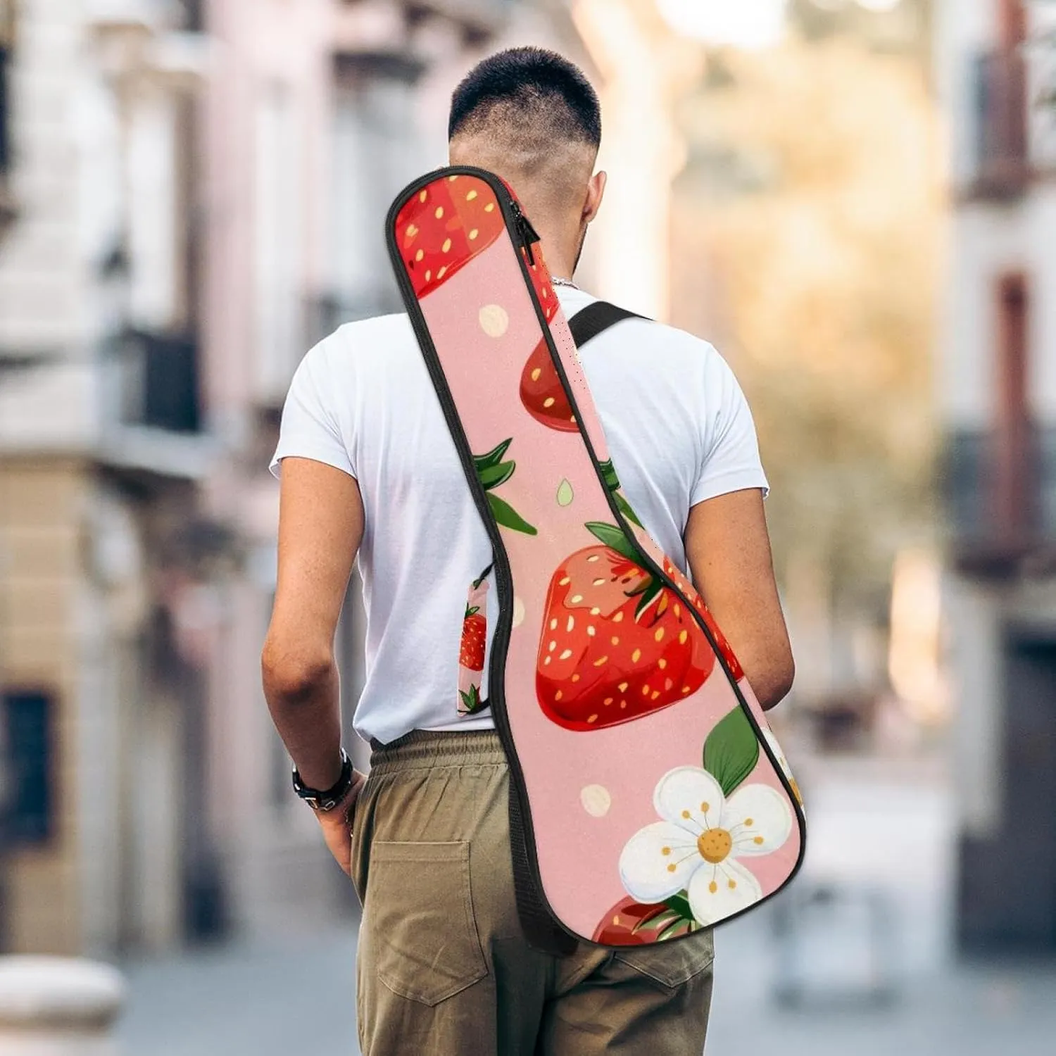 Strawberries and Cute Flower Pink Background Ukulele Case, Padded Bag for 23 Inch Concert Ukulele, Waterproof & Durable