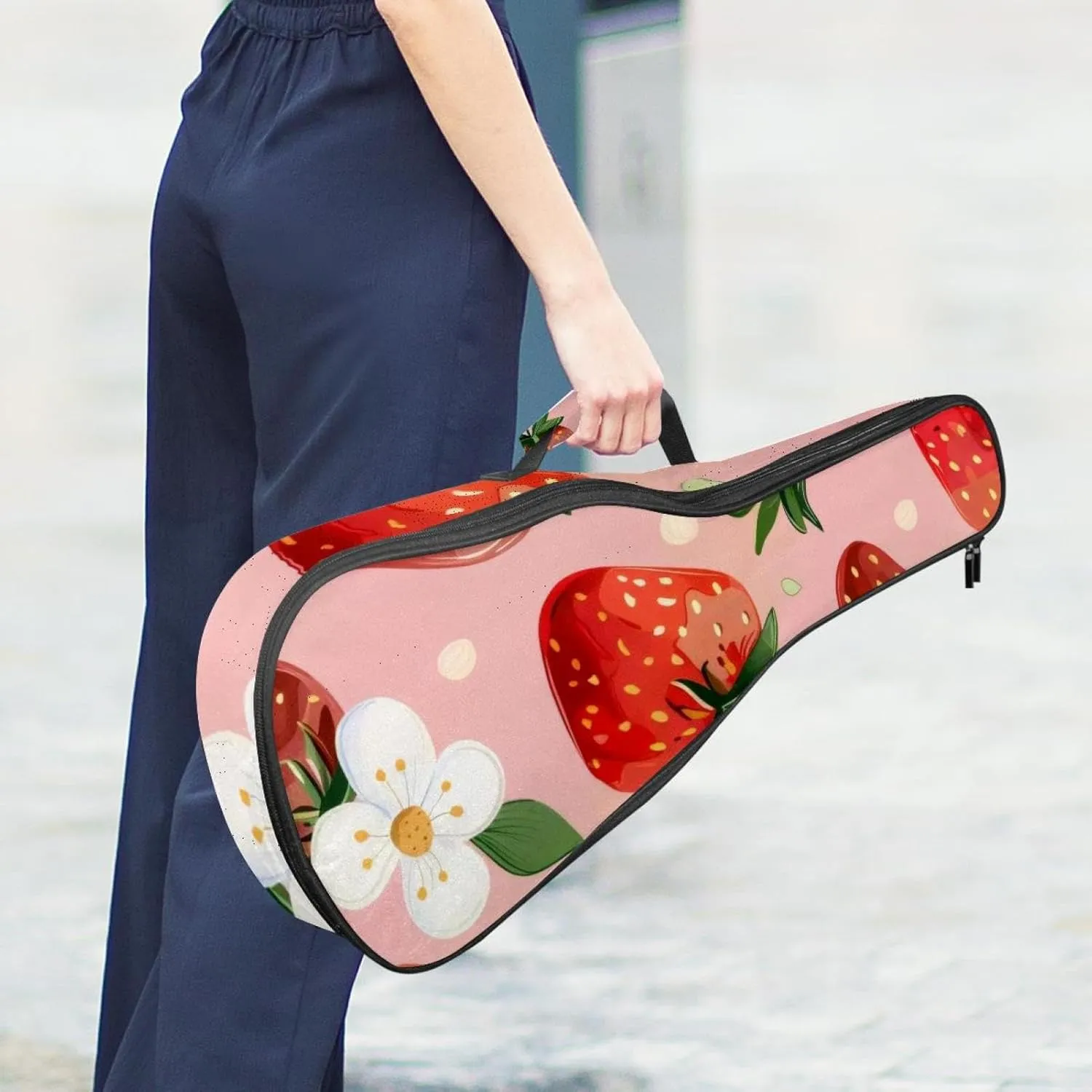 Strawberries and Cute Flower Pink Background Ukulele Case, Padded Bag for 23 Inch Concert Ukulele, Waterproof & Durable