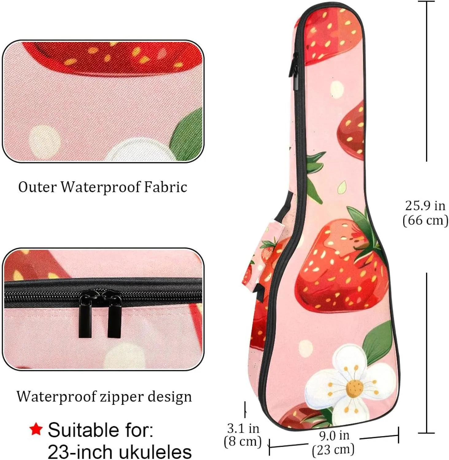 Strawberries and Cute Flower Pink Background Ukulele Case, Padded Bag for 23 Inch Concert Ukulele, Waterproof & Durable