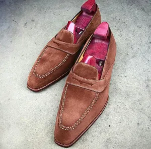 Suede Brown Leather Handcrafted Apron Toe Moccasin Loafer Slip Ons Men Shoes