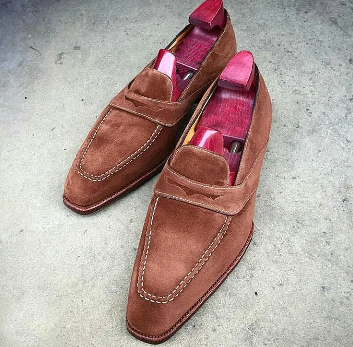 Suede Brown Leather Handcrafted Apron Toe Moccasin Loafer Slip Ons Men Shoes