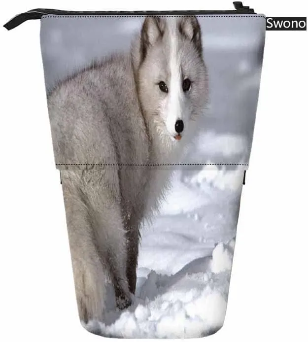 Swono Arctic Fox Pencil Case White Fox Ice Snow Standing Pencil Case Pencil Holder Pencil Pouch Cosmetics Pouch Makeup Office Bag White