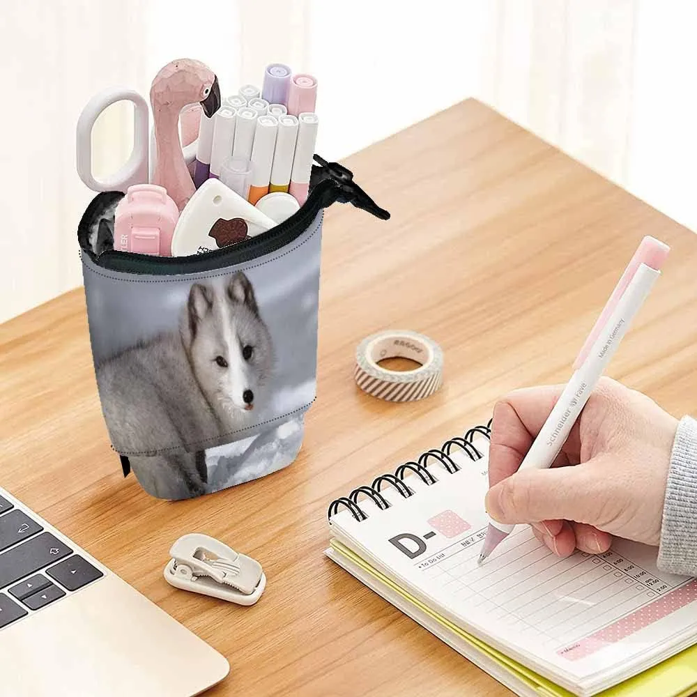 Swono Arctic Fox Pencil Case White Fox Ice Snow Standing Pencil Case Pencil Holder Pencil Pouch Cosmetics Pouch Makeup Office Bag White