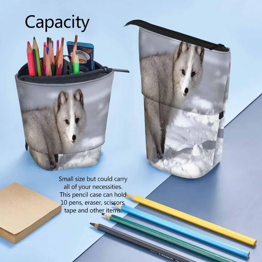 Swono Arctic Fox Pencil Case White Fox Ice Snow Standing Pencil Case Pencil Holder Pencil Pouch Cosmetics Pouch Makeup Office Bag White