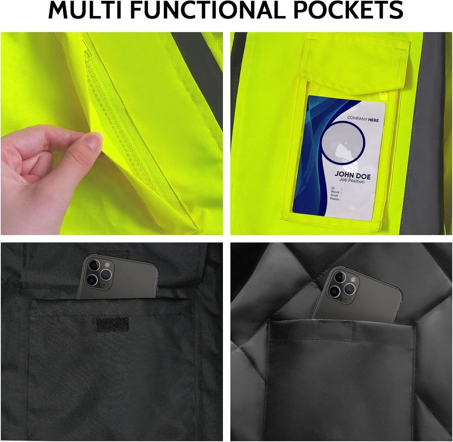 TCCFCCT Safety Jacket for Men & Women, Hi Vis Reflective Jackets with Pockets, Construction Coats for Cold Weather, High Vis Rain Gear, Waterproof, Long J-Yellow, M
