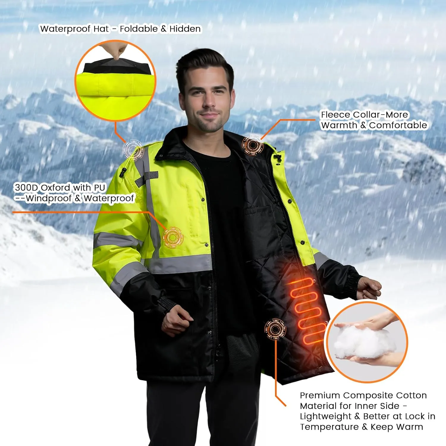 TCCFCCT Safety Jacket for Men & Women, Hi Vis Reflective Jackets with Pockets, Construction Coats for Cold Weather, High Vis Rain Gear, Waterproof, Long J-Yellow, M