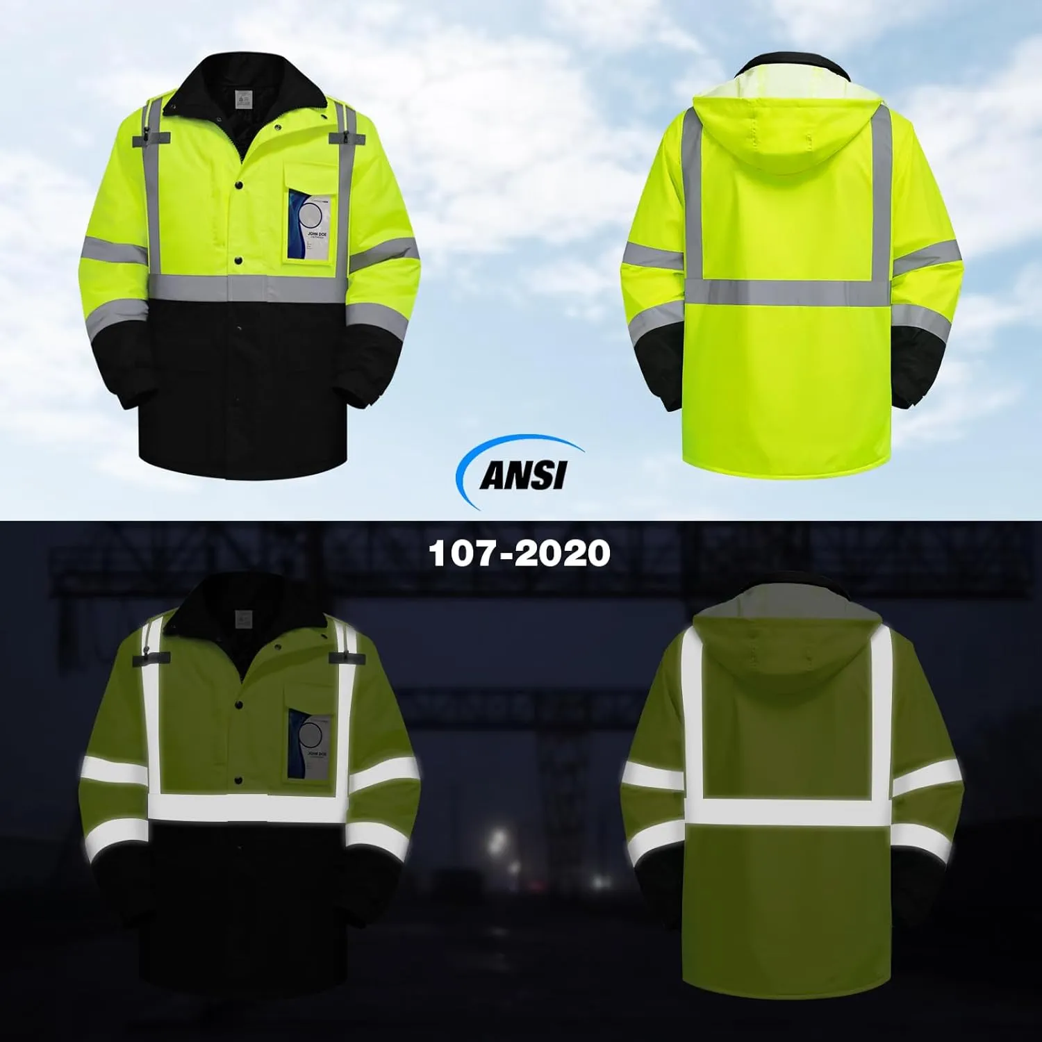 TCCFCCT Safety Jacket for Men & Women, Hi Vis Reflective Jackets with Pockets, Construction Coats for Cold Weather, High Vis Rain Gear, Waterproof, Long J-Yellow, M