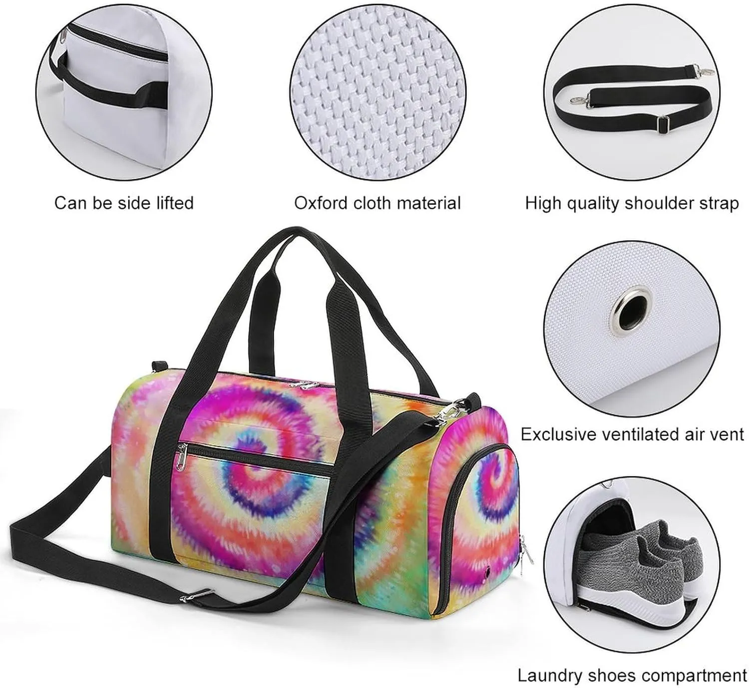 Tie Dye Style Rainbow Pattern Duffel with Shoe Compartment Lightweight Gym Bag for Women Men