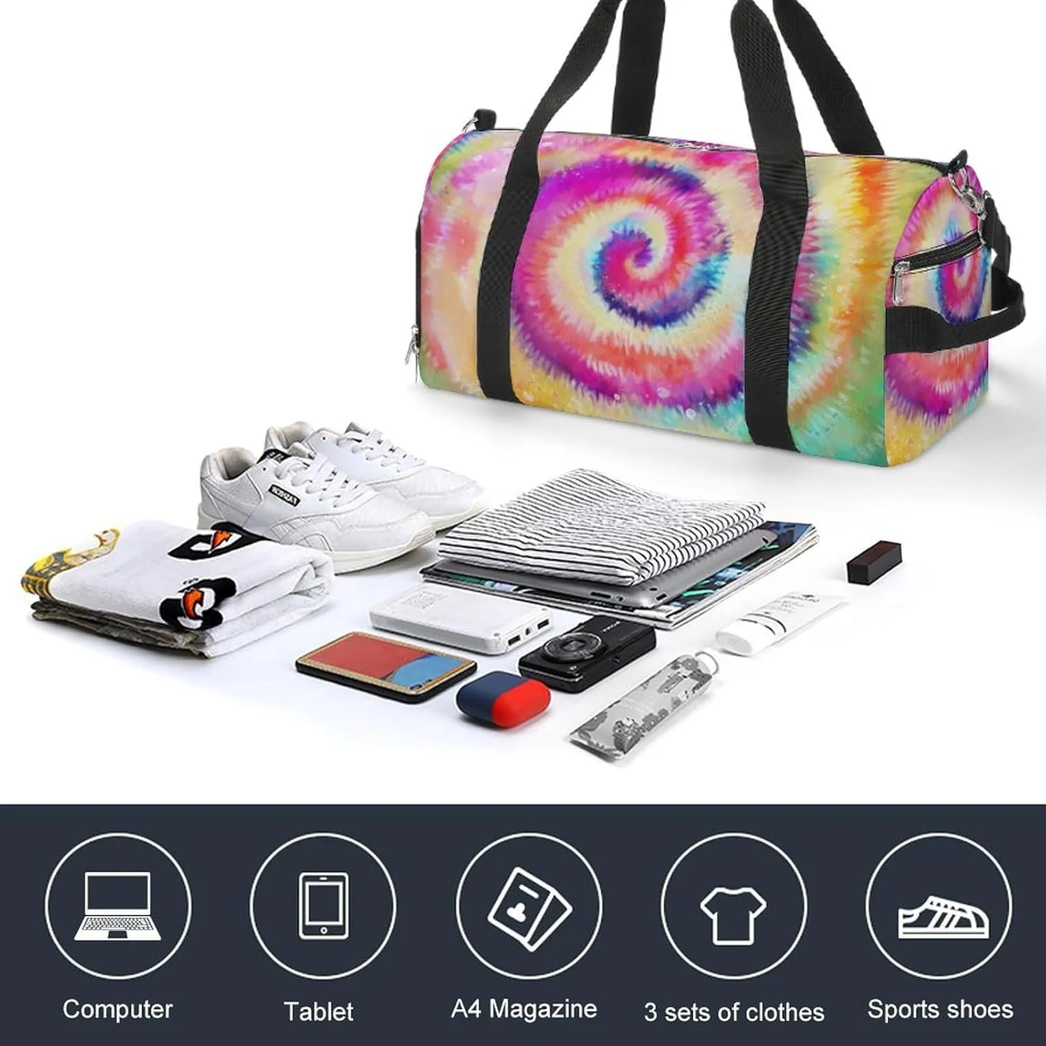 Tie Dye Style Rainbow Pattern Duffel with Shoe Compartment Lightweight Gym Bag for Women Men