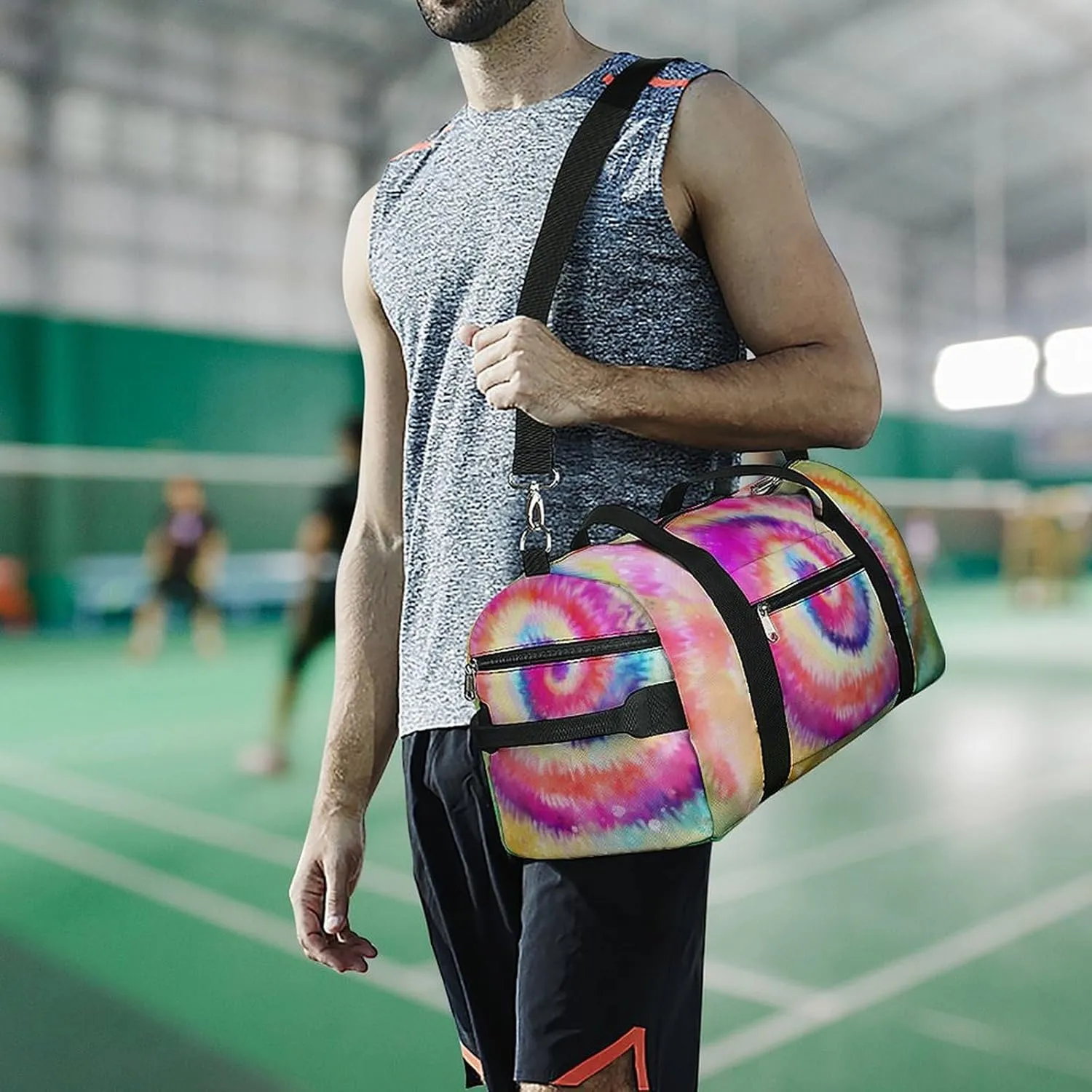 Tie Dye Style Rainbow Pattern Duffel with Shoe Compartment Lightweight Gym Bag for Women Men