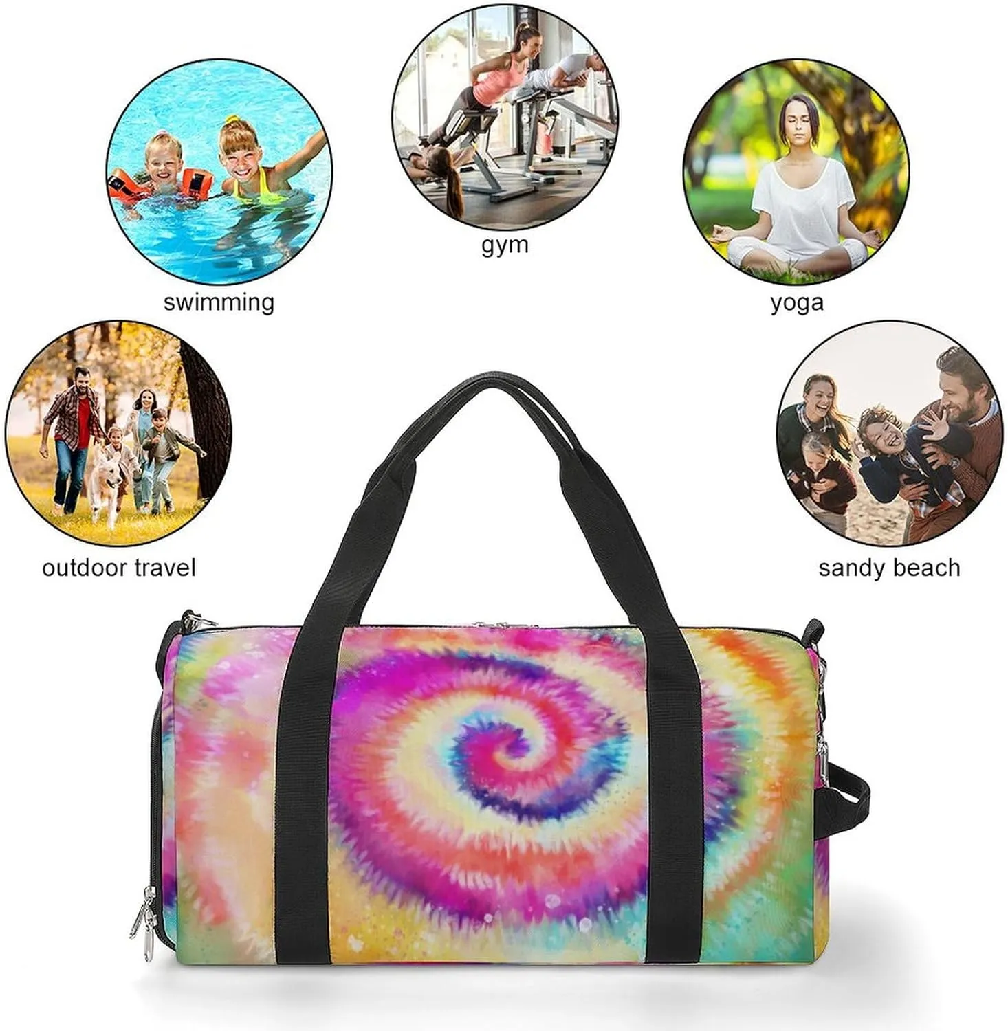 Tie Dye Style Rainbow Pattern Duffel with Shoe Compartment Lightweight Gym Bag for Women Men
