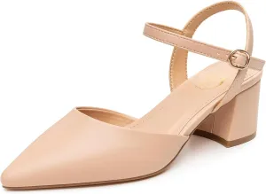 Trary Women's Pointed Toe Low Chunky Block Heels,Comfortable Adjustable Ankle Strap Closed Toe Work Wedding Dress Party Pumps Shoes