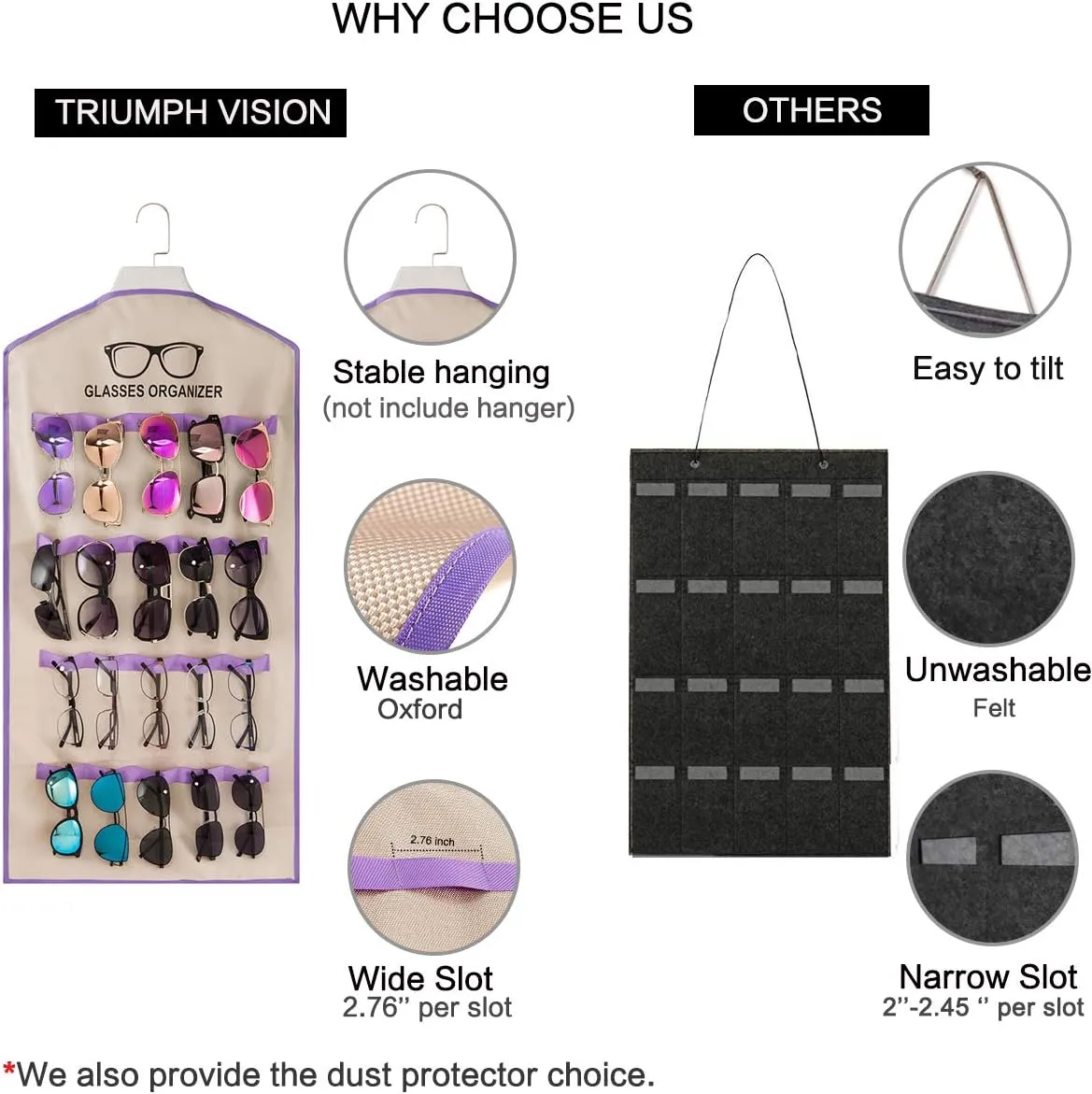 TRIUMPH VISION Sunglasses Organizer Eyewear Wall Display - Hanging Eyeglasses Holder with Dust Bag 20 Slots Glasses Storage Case