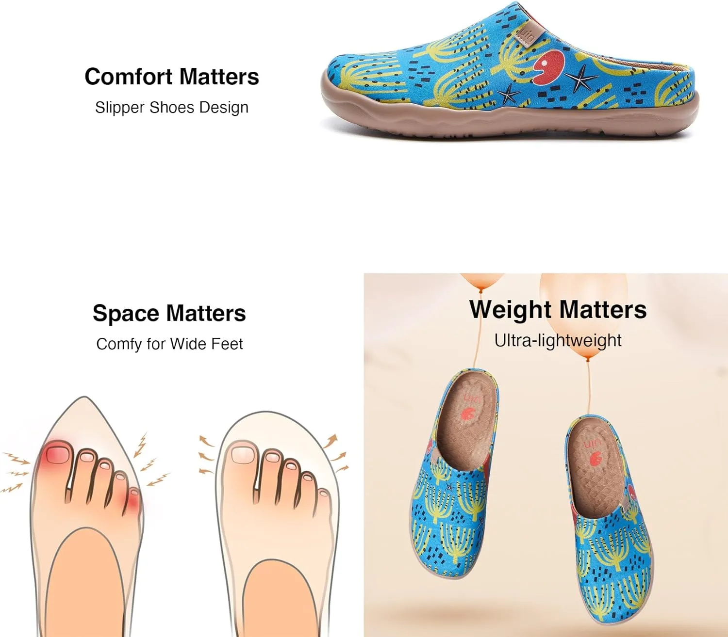 UIN Women's Wide Toe Mules Comfortable Lightweight Casual Art Painted Slip On Travel Shoes Malaga