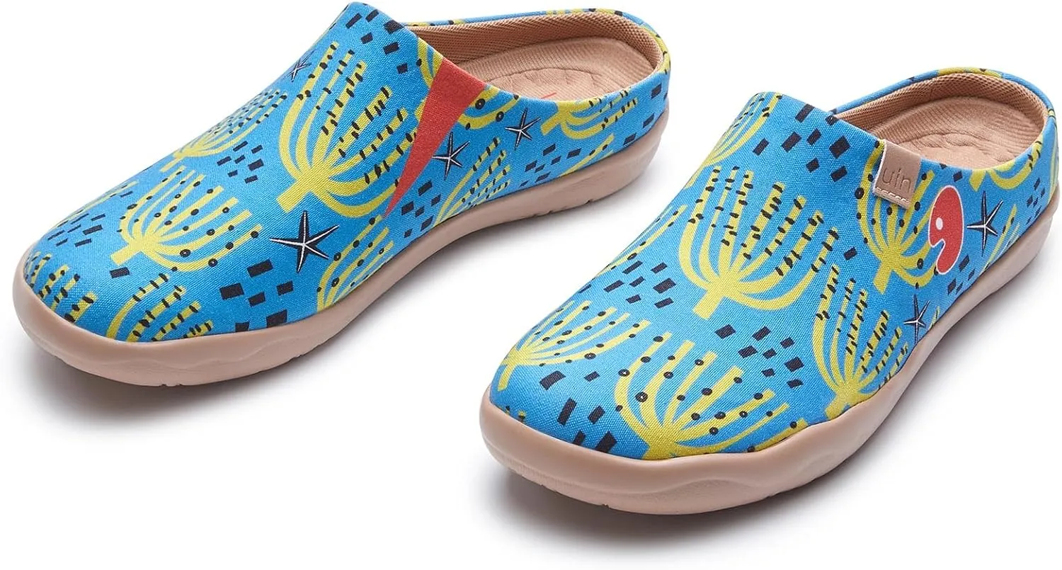 UIN Women's Wide Toe Mules Comfortable Lightweight Casual Art Painted Slip On Travel Shoes Malaga