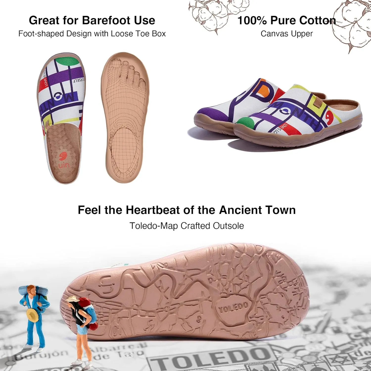 UIN Women's Wide Toe Mules Comfortable Lightweight Casual Art Painted Slip On Travel Shoes Malaga