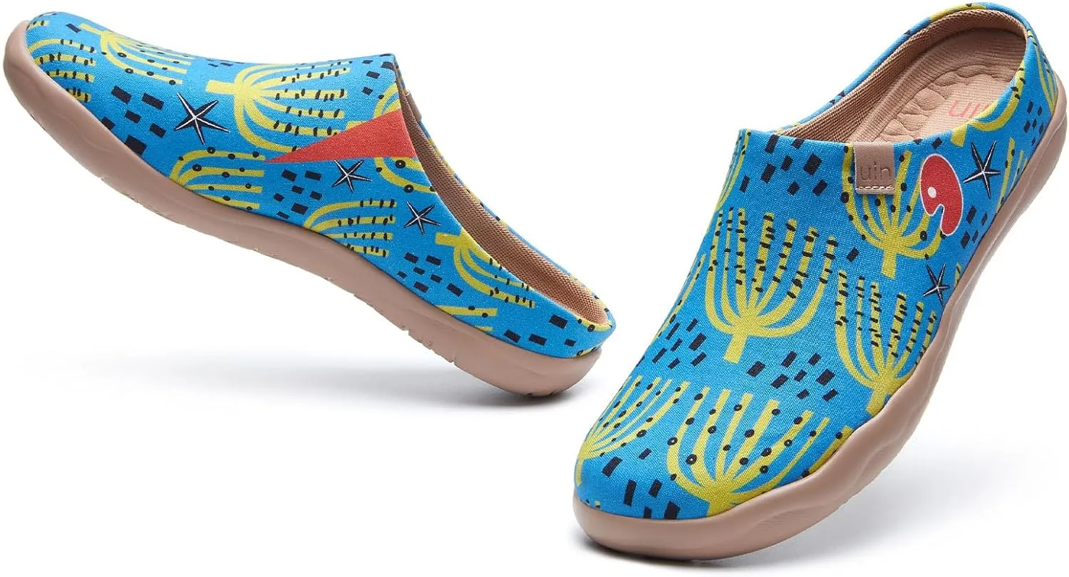 UIN Women's Wide Toe Mules Comfortable Lightweight Casual Art Painted Slip On Travel Shoes Malaga