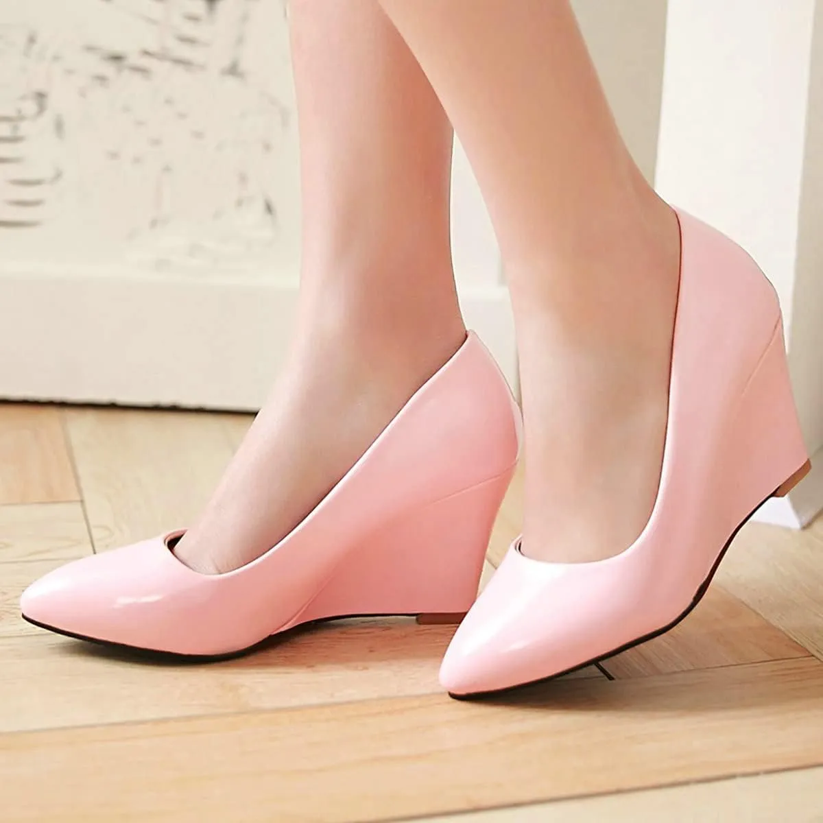 Uniquelly Womens Wedge Patent Leather Pumps High Heel Pointed Toe Slip On Fashion Uniform Dress Shoes