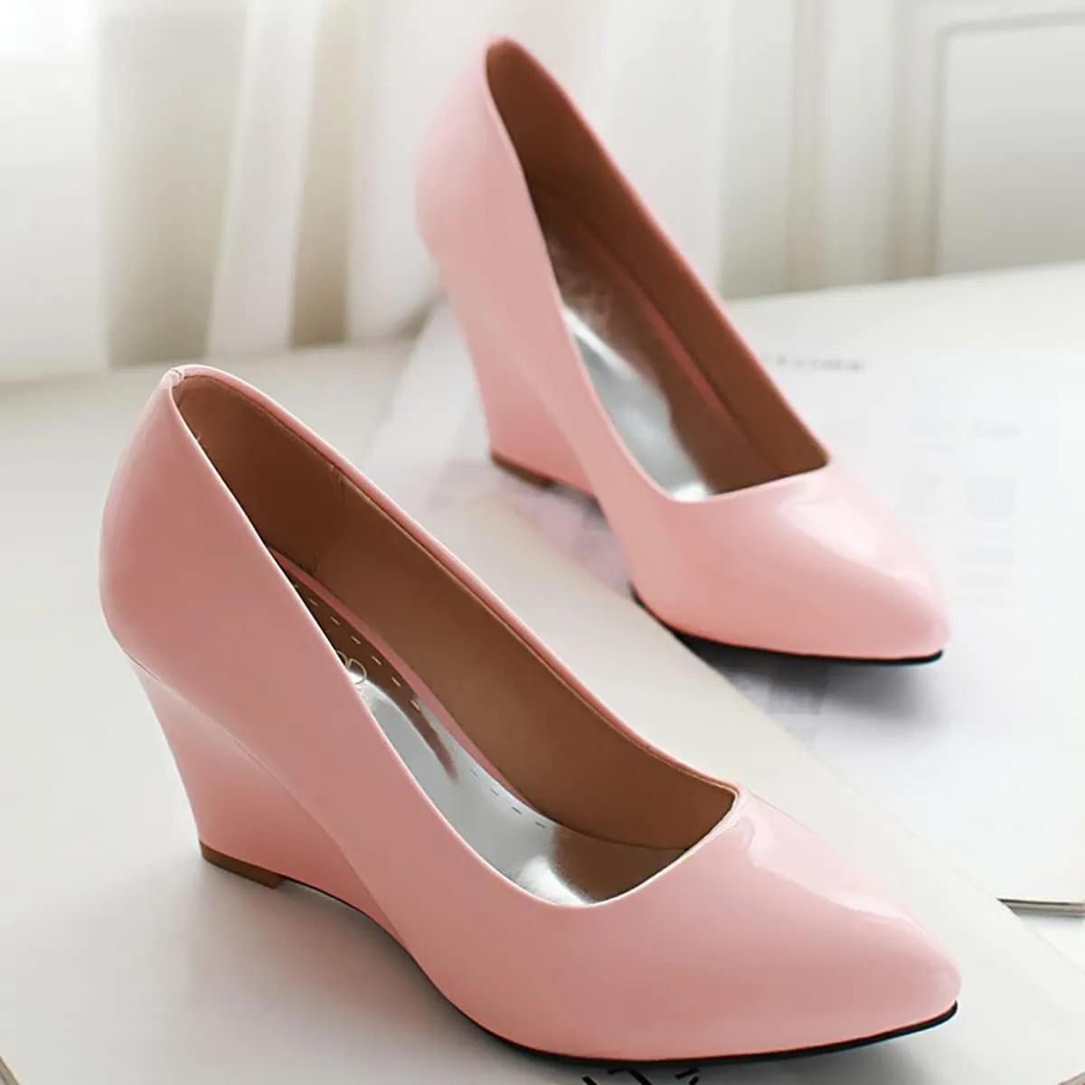Uniquelly Womens Wedge Patent Leather Pumps High Heel Pointed Toe Slip On Fashion Uniform Dress Shoes