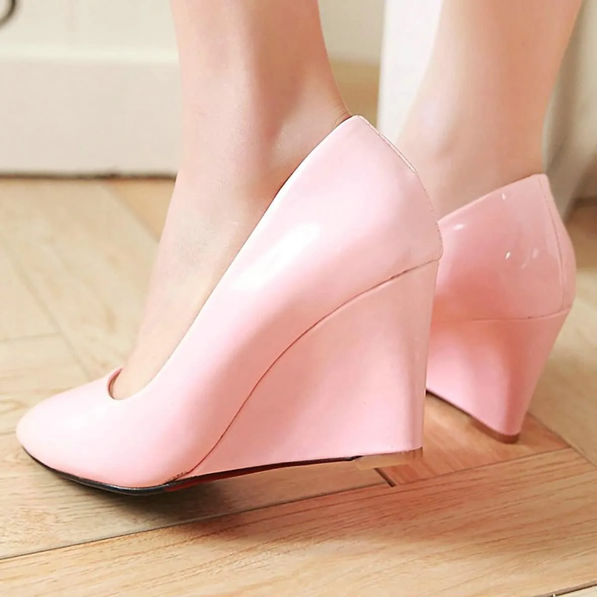 Uniquelly Womens Wedge Patent Leather Pumps High Heel Pointed Toe Slip On Fashion Uniform Dress Shoes
