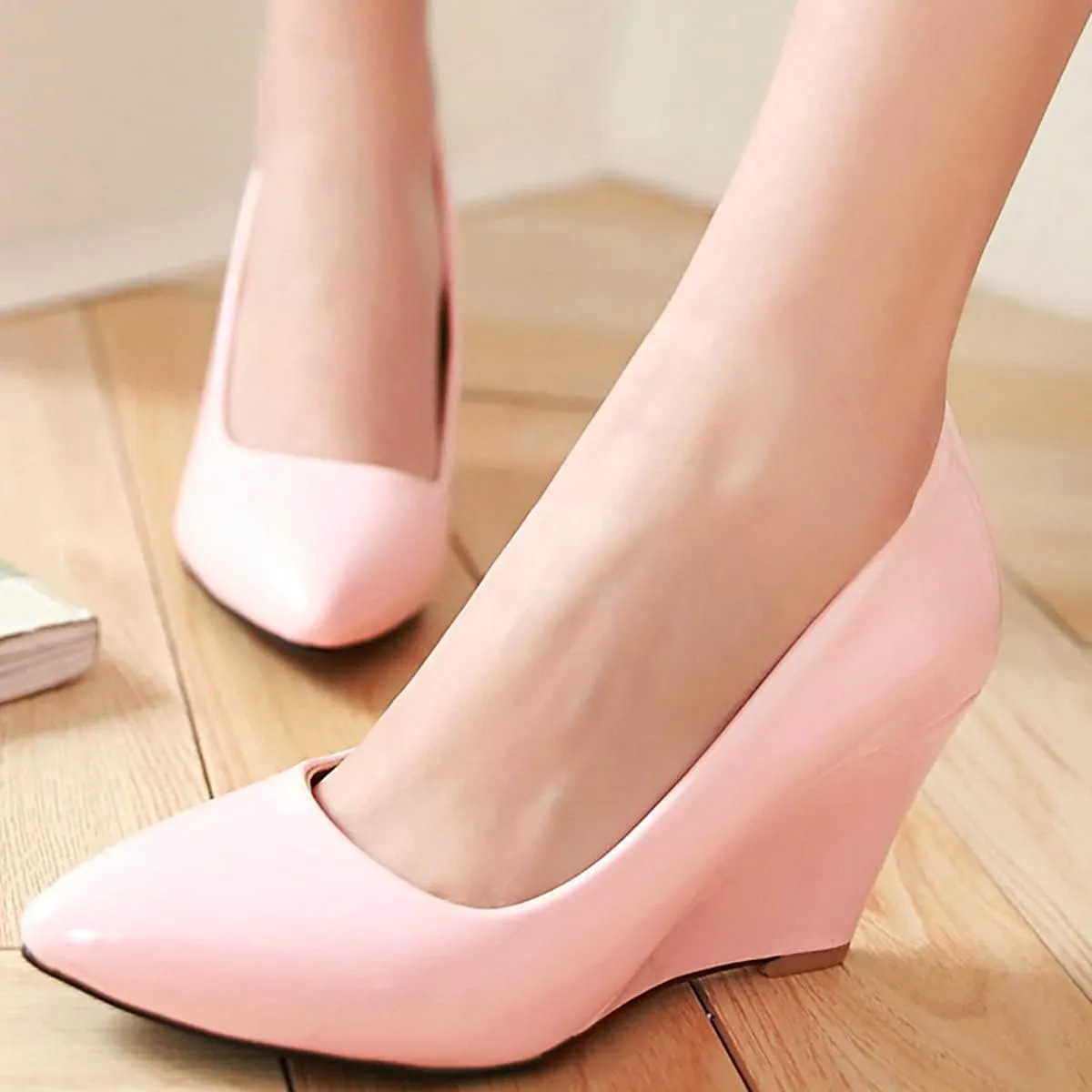 Uniquelly Womens Wedge Patent Leather Pumps High Heel Pointed Toe Slip On Fashion Uniform Dress Shoes