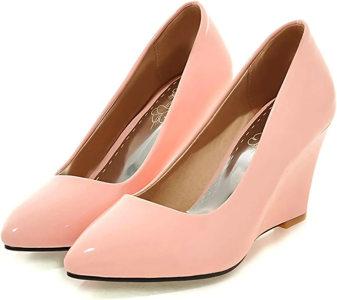Uniquelly Womens Wedge Patent Leather Pumps High Heel Pointed Toe Slip On Fashion Uniform Dress Shoes