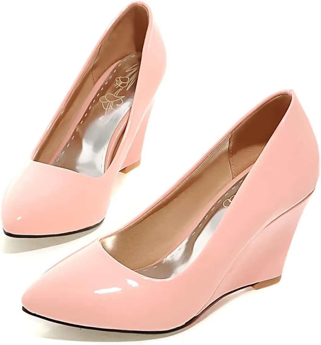 Uniquelly Womens Wedge Patent Leather Pumps High Heel Pointed Toe Slip On Fashion Uniform Dress Shoes