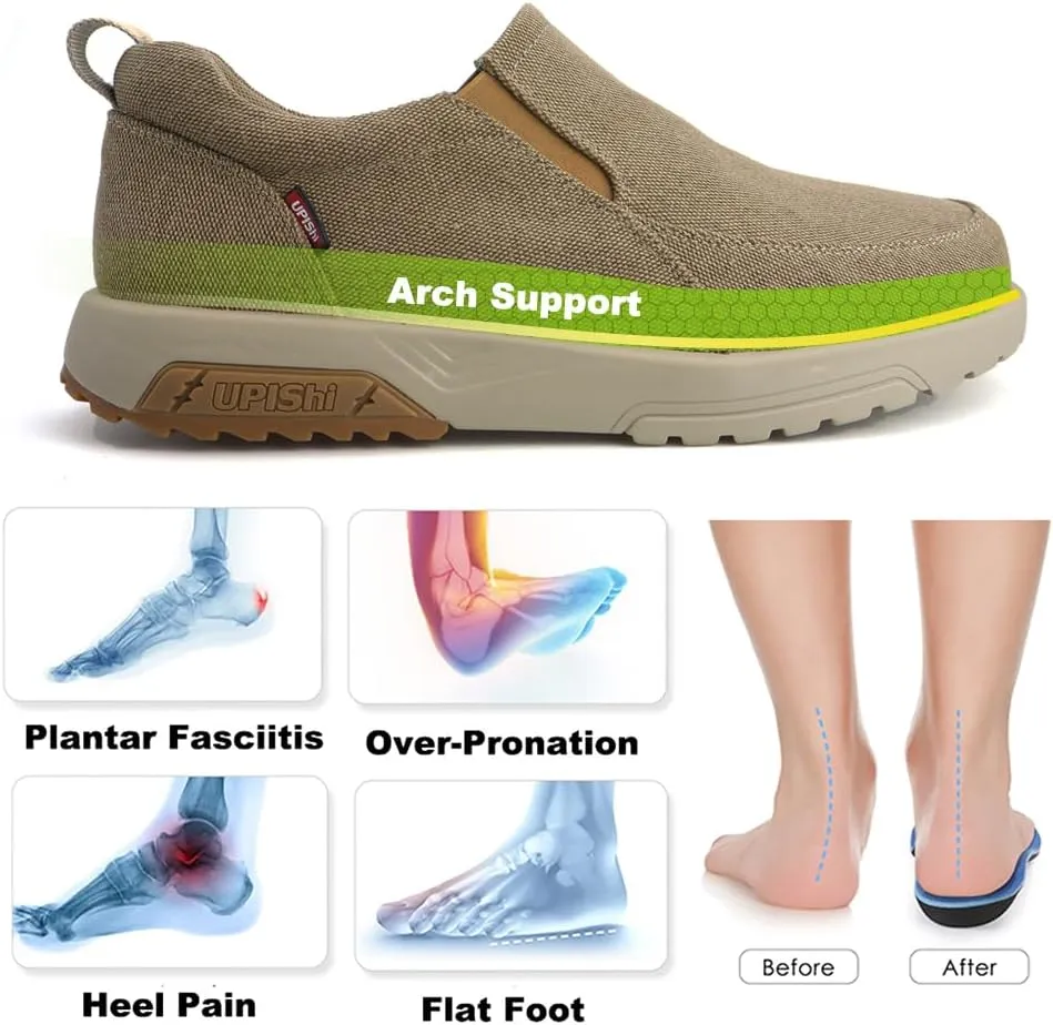 UPIShi Men's Slip On Arch Support Loafers Casual Orthopedic Plantar Fasciitis Relief Non Slip Canvas Comfortable Walking Shoes