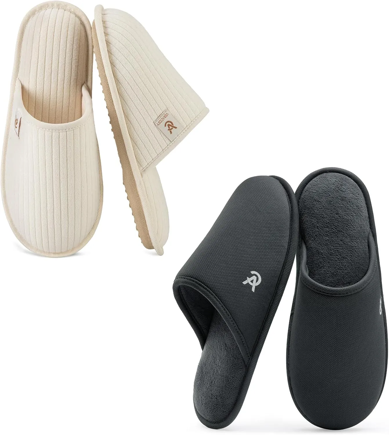 VeraCosy Couple’s Set of 2 Pairs - Women's Terry Cloth Scuff Slippers (Siize9-10, White) - Men's Knit Scuff Slippers (Size11-12, Gray)